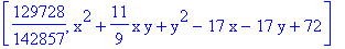 [129728/142857, x^2+11/9*x*y+y^2-17*x-17*y+72]